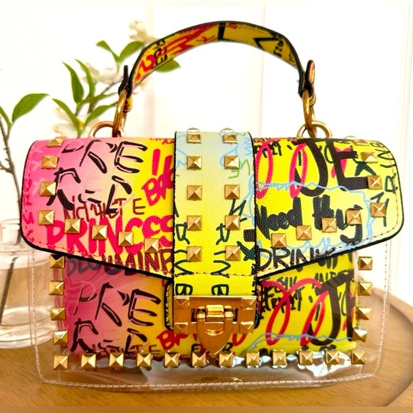 HANDBAG ~ Graffiti Studded Transparent Mini w/ Gold Crossbody Chain Make-up bag